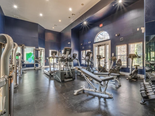 workout area featuring a towering ceiling