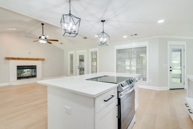 3585 Gardenview Way, Tallahassee, FL 32309 - kitchen featuring range with electric stovetop, light wood-type flooring, ceiling fan, pendant lighting, and recessed lighting