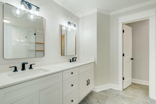 3585 Gardenview Way, Tallahassee, FL 32309 - full bath with ornamental molding, double vanity, and tiled shower