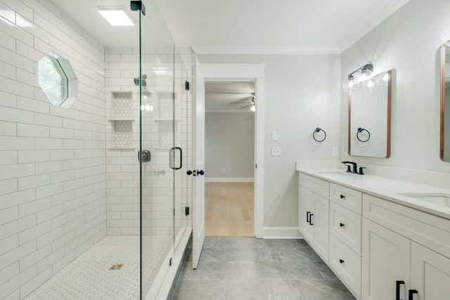 3585 Gardenview Way, Tallahassee, FL 32309 - full bathroom with a stall shower, double vanity, ornamental molding, and a ceiling fan