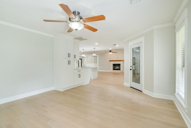 3585 Gardenview Way, Tallahassee, FL 32309 - unfurnished living room with a ceiling fan, a fireplace, light wood-type flooring, and ornamental molding
