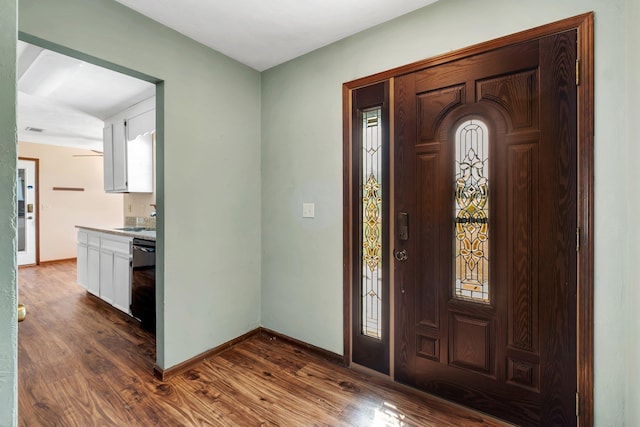 foyer entrance featuring sink and dark hardwood / wood-style flooring