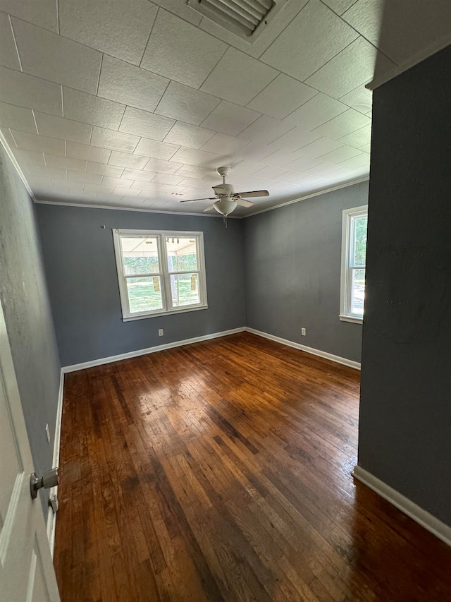 empty room featuring ceiling fan, a wealth of natural light, and dark hardwood / wood-style floors