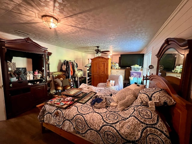 carpeted bedroom featuring crown molding