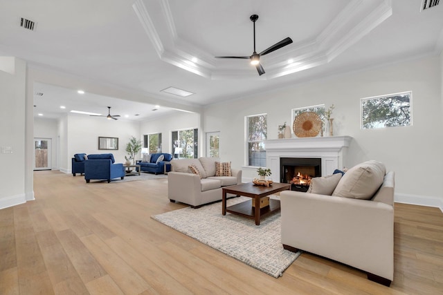 living room featuring crown molding, a raised ceiling, and light wood-type flooring