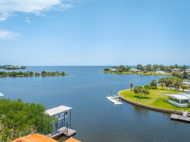 view of water feature with a dock