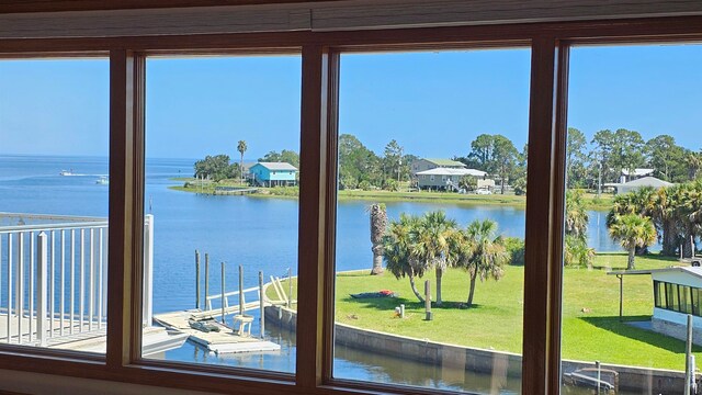 entryway with a water view