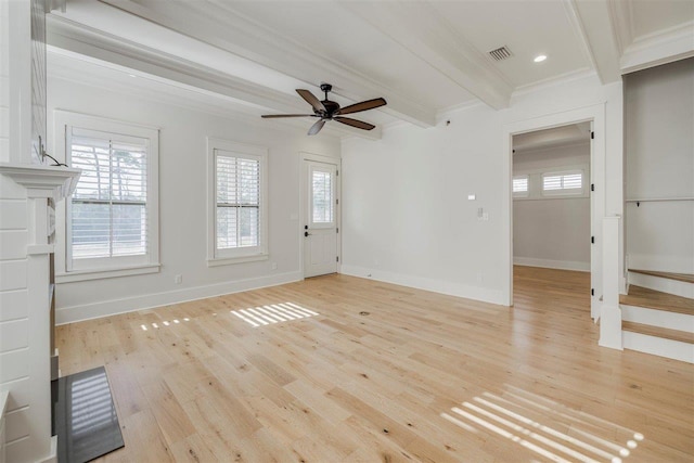 unfurnished living room with visible vents, baseboards, ornamental molding, beam ceiling, and light wood finished floors