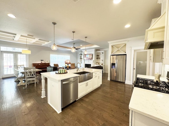 kitchen with a sink, a fireplace, stainless steel appliances, open floor plan, and a ceiling fan