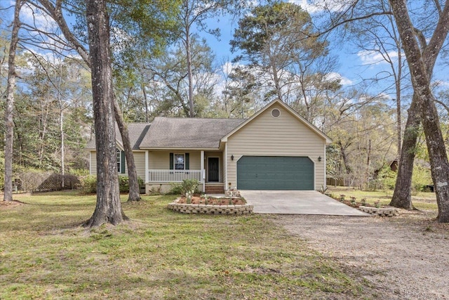 single story home featuring a garage, a front lawn, and a porch