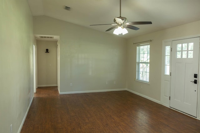 entrance foyer with lofted ceiling, dark wood-type flooring, and ceiling fan