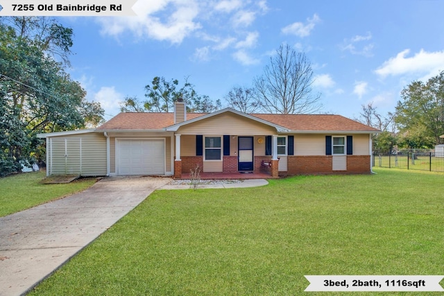 ranch-style home featuring a porch, a garage, and a front yard