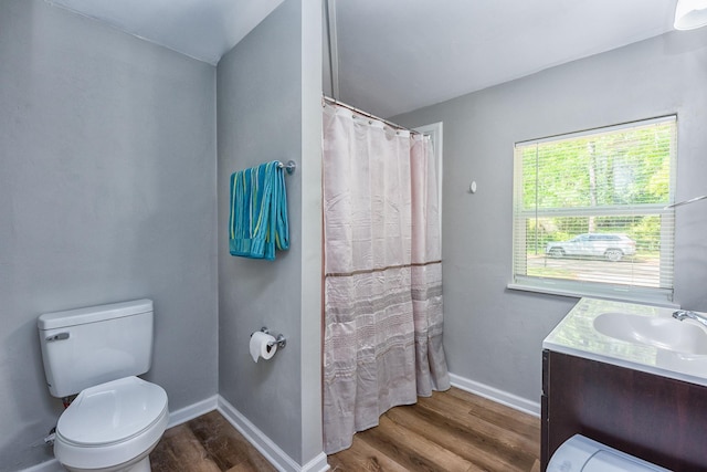 bathroom featuring toilet, wood-type flooring, and vanity