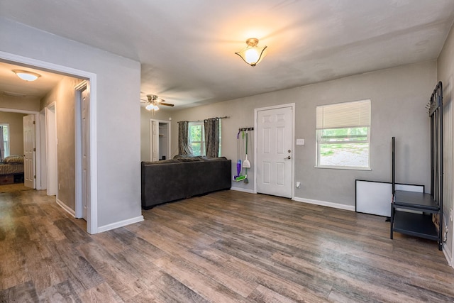 interior space with ceiling fan, dark hardwood / wood-style flooring, and plenty of natural light