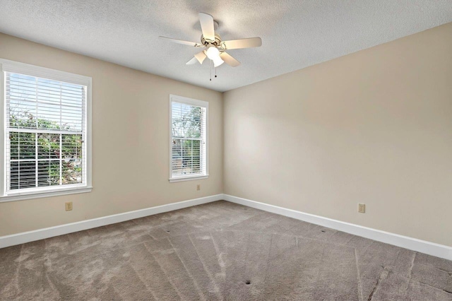 unfurnished room with ceiling fan, plenty of natural light, carpet flooring, and a textured ceiling