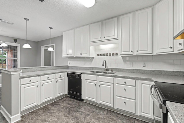 kitchen with white cabinetry, black dishwasher, and sink