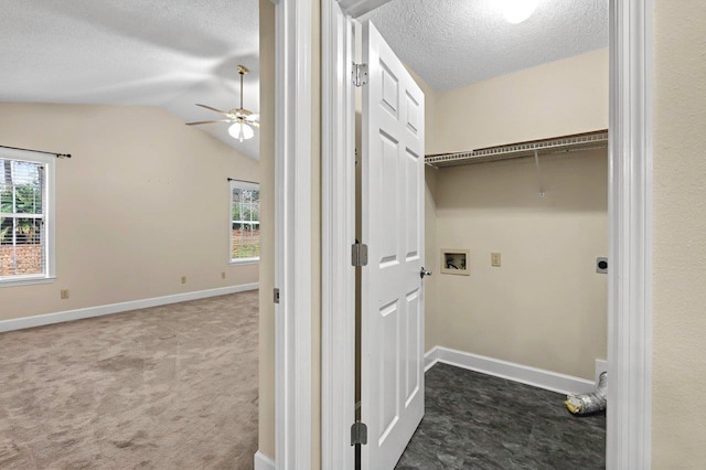 laundry area with a textured ceiling, carpet flooring, hookup for a washing machine, electric dryer hookup, and ceiling fan