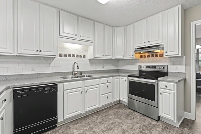 kitchen featuring sink, backsplash, electric range, black dishwasher, and white cabinets