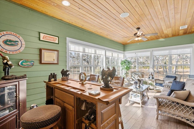 sunroom featuring wood ceiling and ceiling fan