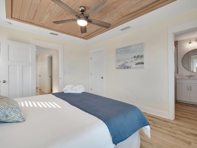 bedroom featuring ensuite bath, sink, ceiling fan, wood ceiling, and light hardwood / wood-style flooring