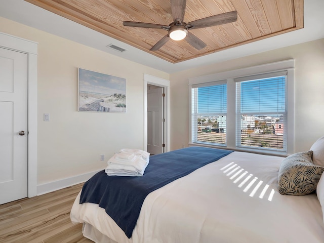 bedroom with wooden ceiling, ceiling fan, and light wood-type flooring