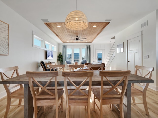 dining area featuring ceiling fan, wooden ceiling, and light hardwood / wood-style floors