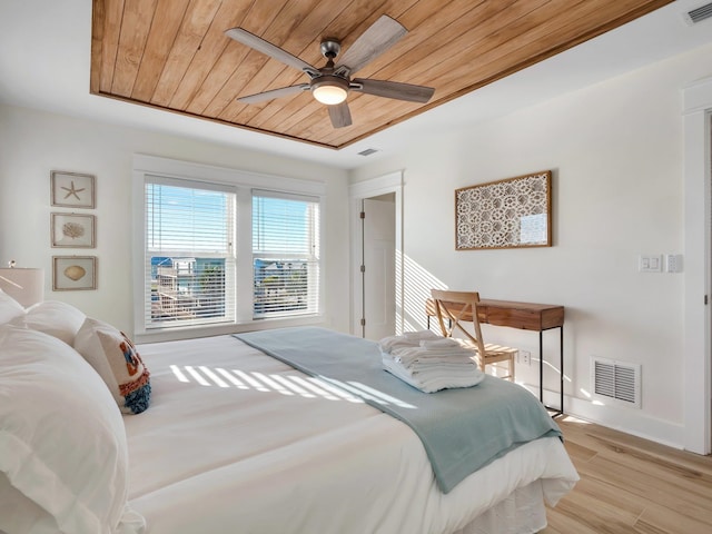 bedroom with wooden ceiling, light hardwood / wood-style floors, and ceiling fan