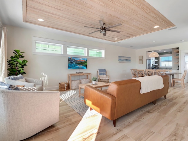 living room featuring wooden ceiling, ceiling fan, and light wood-type flooring