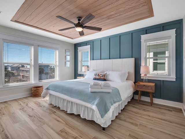 bedroom with light hardwood / wood-style floors, ceiling fan, and wooden ceiling