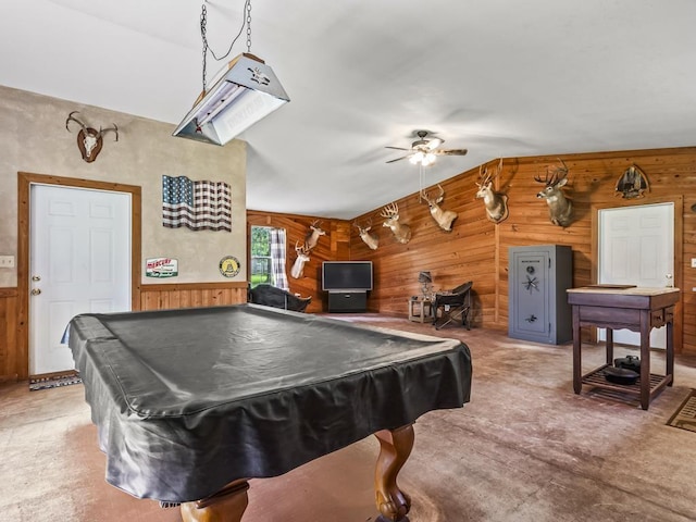 playroom with billiards, wood walls, lofted ceiling, carpet, and ceiling fan