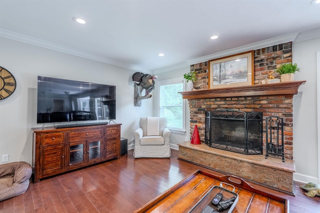 1178 Robin Kay Rd, Tallahassee, FL 32312 - living area with ornamental molding, wood finished floors, a brick fireplace, and recessed lighting