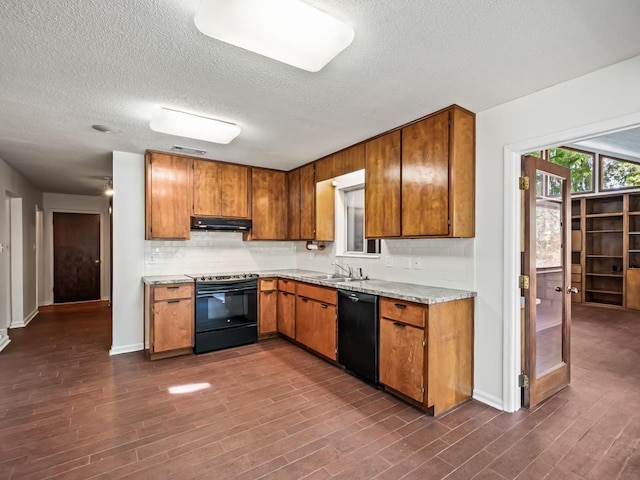 kitchen featuring sink, dishwasher, range with electric cooktop, tasteful backsplash, and dark hardwood / wood-style flooring