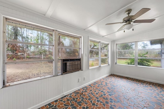 unfurnished sunroom with vaulted ceiling, ceiling fan, cooling unit, and plenty of natural light