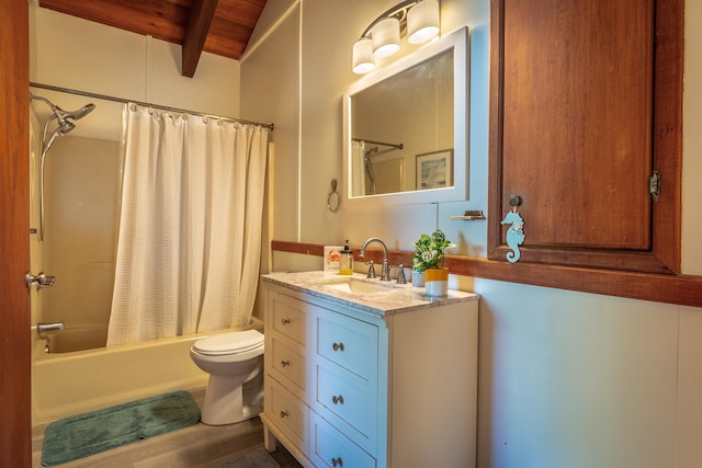 full bathroom featuring vanity, toilet, hardwood / wood-style floors, shower / tub combo with curtain, and beamed ceiling