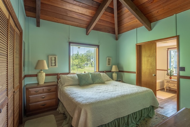 bedroom featuring wood-type flooring, multiple windows, and wooden ceiling