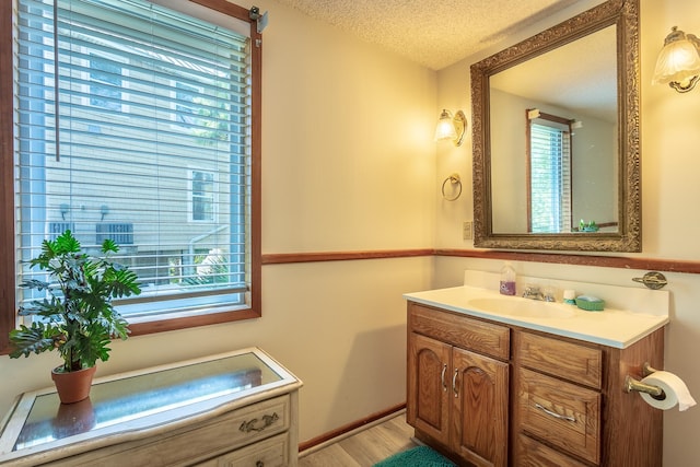 bathroom with vanity, a wealth of natural light, a textured ceiling, and wood-type flooring