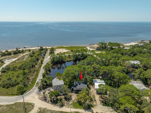 drone / aerial view featuring a water view