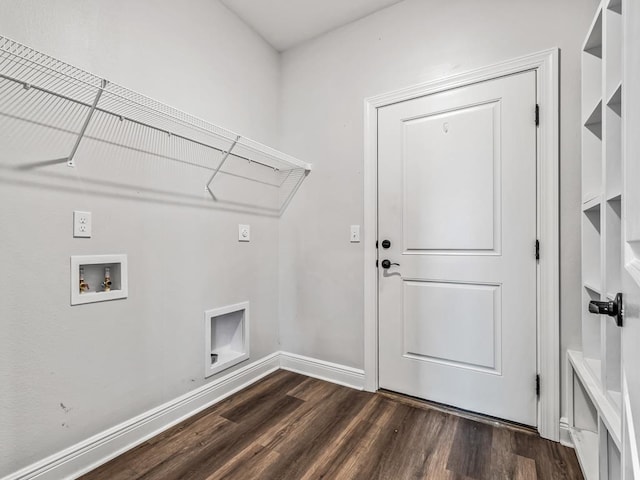 laundry area featuring laundry area, hookup for a washing machine, baseboards, and dark wood-style flooring