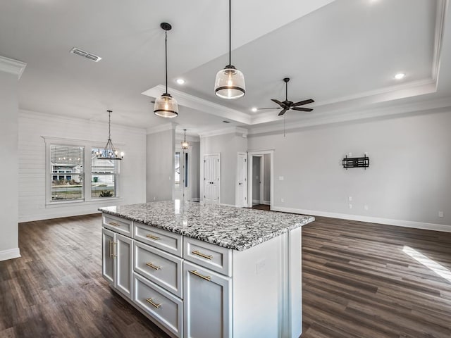 kitchen with visible vents, open floor plan, a center island, decorative light fixtures, and a tray ceiling