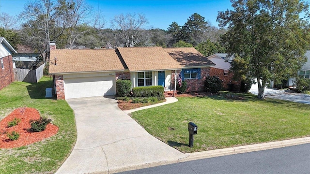 ranch-style house featuring a garage, concrete driveway, fence, a front yard, and brick siding