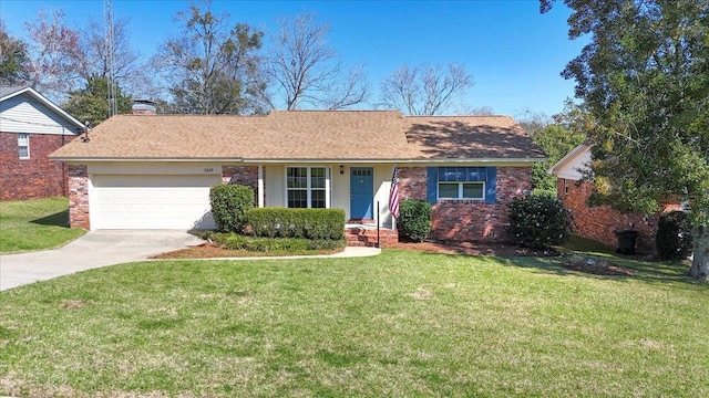 ranch-style house with a garage, concrete driveway, brick siding, and a front yard