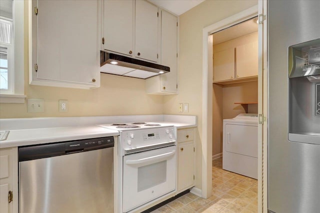 kitchen with white electric stove, independent washer and dryer, light countertops, under cabinet range hood, and stainless steel dishwasher