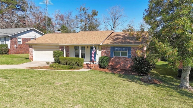 single story home featuring a garage, concrete driveway, brick siding, and a front lawn