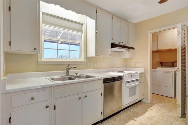 kitchen featuring white range with electric stovetop, dishwasher, washer / clothes dryer, under cabinet range hood, and a sink