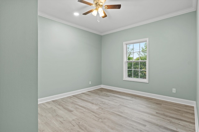 spare room featuring a ceiling fan, baseboards, light wood-style floors, ornamental molding, and recessed lighting