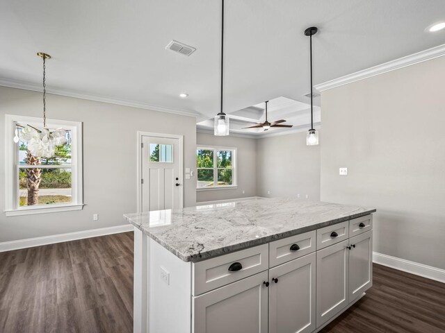 240 Ante Beppum Loop, Carrabelle, FL 32322 - kitchen featuring dark wood-style floors, ornamental molding, baseboards, decorative light fixtures, and light stone counters