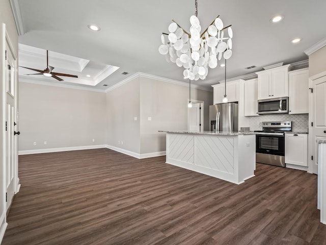 kitchen with stainless steel appliances, white cabinetry, an island with sink, and dark hardwood / wood-style flooring