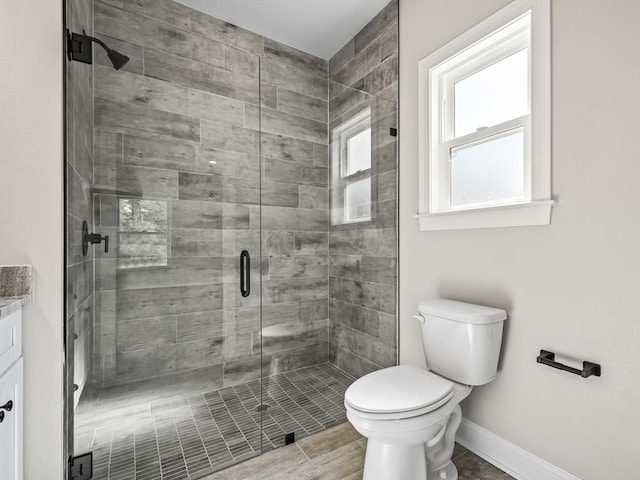 bathroom featuring vanity, toilet, and a shower with shower door