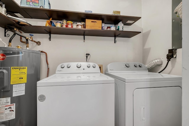 clothes washing area with water heater and washing machine and clothes dryer