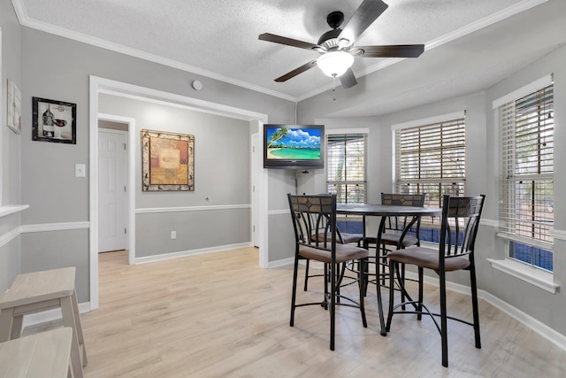 dining space featuring ceiling fan, a wealth of natural light, light hardwood / wood-style floors, and a textured ceiling